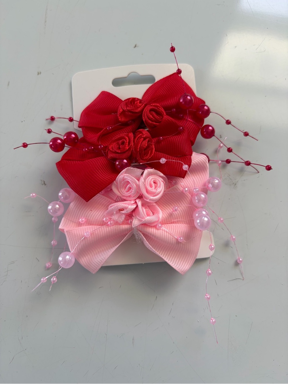 About A Girl Red & Light Pink Bow Hair Clips with Bead Accents